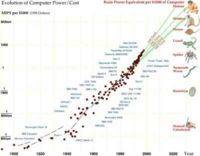 Graph of the evolution of the computational brains by Hans Moravec